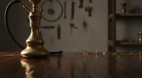 Традиционный кальян Khalil Mamoon из латуни, ручной работы, стоящий на темной деревянной поверхности в мягком свете, пер