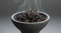 Крупный план сухих чайных листьев в керамической чаше для кальяна, с легким мерцанием тепла над ними.
