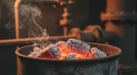 Крупный план раскаленных угольков для кальяна в металлической чаше, с легким дымком