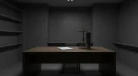 Стол в офисе с размытым финансовым отчетом и основанием кальяна, освещенный драматическим светом, символизирующий размыш
