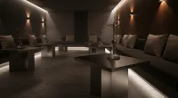 Интерьер современного кальянного заведения с пустыми столами и креслами, демонстрирующий минималистичный дизайн
