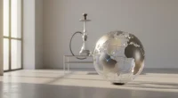 Стилизованный глобус с линиями, символизирующими глобальное распространение Al Fakher, на фоне элегантного кальяна в мяг