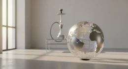 Стилизованный глобус с линиями, символизирующими глобальное распространение Al Fakher, на фоне элегантного кальяна в мяг