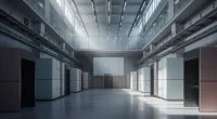 Атмосферное фото промышленного помещения, связанного с производством или логистикой, в нейтральных тонах без людей и про