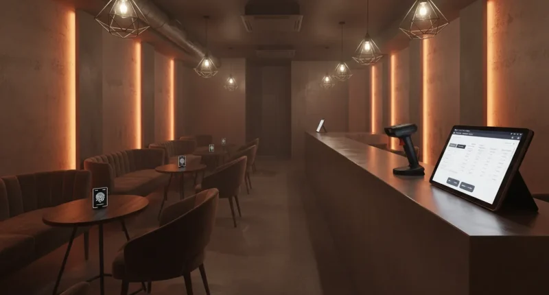 Внутри современной кальянной с 2D-сканером и планшетом на барной стойке, символизирующими внедрение системы «Честный зна