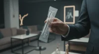 Чистый индивидуальный мундштук для кальяна в руке, на фоне современного кальянного заведения, подчеркивающий важность ги