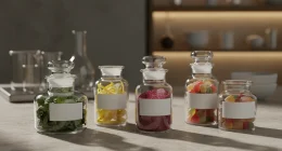 Натюрморт с различными ингредиентами для кальянных вкусов: сушеная мята, цедра лимона, ягоды, фрукты в стеклянных баночк