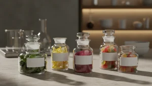 Натюрморт с различными ингредиентами для кальянных вкусов: сушеная мята, цедра лимона, ягоды, фрукты в стеклянных баночк
