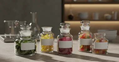 Натюрморт с различными ингредиентами для кальянных вкусов: сушеная мята, цедра лимона, ягоды, фрукты в стеклянных баночк