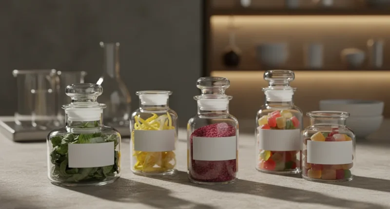 Натюрморт с различными ингредиентами для кальянных вкусов: сушеная мята, цедра лимона, ягоды, фрукты в стеклянных баночк