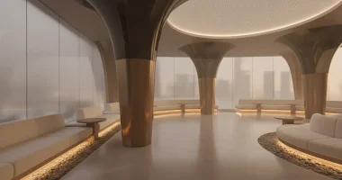 Стильный интерьер кальянной в Дубае с мягким светом и современным дизайном, без людей и кальянов
