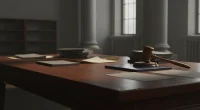 Символическое изображение законодательного процесса: деревянный стол с документами и судейским молотком в приглушённом с
