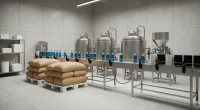 Производственная линия или склад сырья для кальянных смесей на заводе, без людей и марок