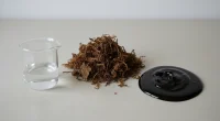 Различные компоненты для кальянной смеси: сушеные табачные листья, прозрачный глицерин в стакане и темный сироп, располо