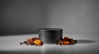 Стилизованная композиция с упаковкой кальянного табака и натуральными ароматизаторами на бетонной поверхности