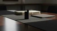 Стол переговоров с неосвещенным вейпом и документами на темном фоне, символизирующий обсуждение запретов