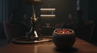 Интерьер стильного бара с приглушенным светом, на столе современный кальян. Макро-снимок чаши с табаком, детализированна