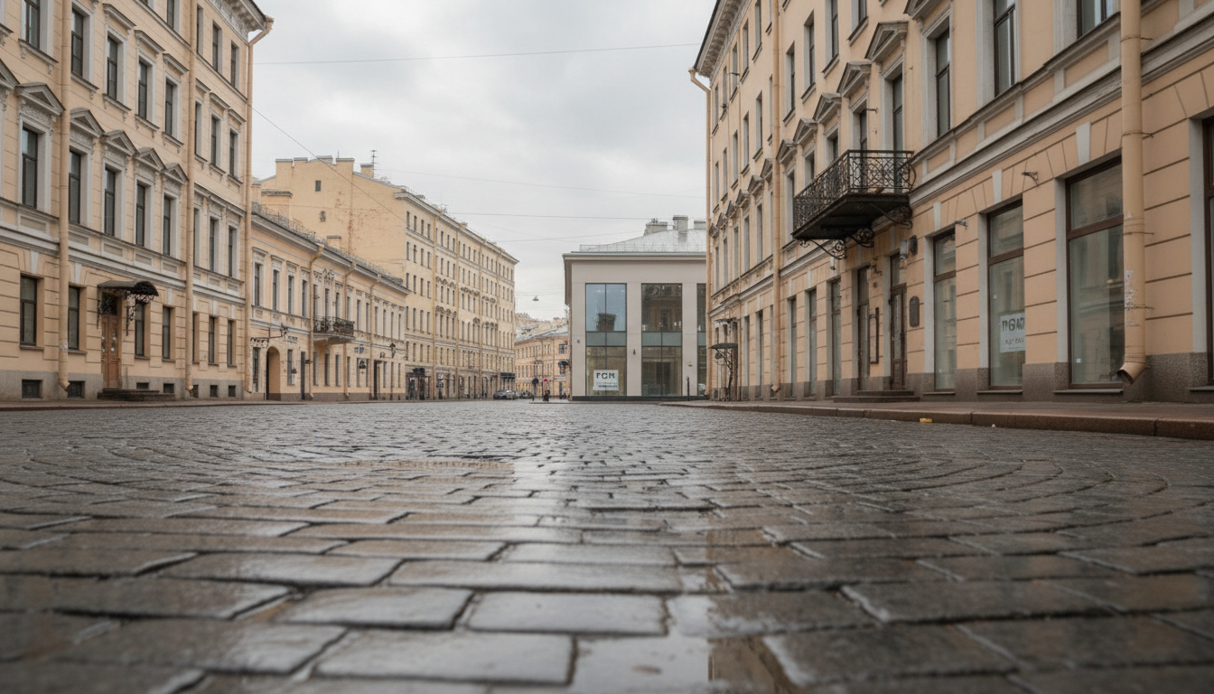 Улица Санкт-Петербурга с закрытым магазином на фоне.