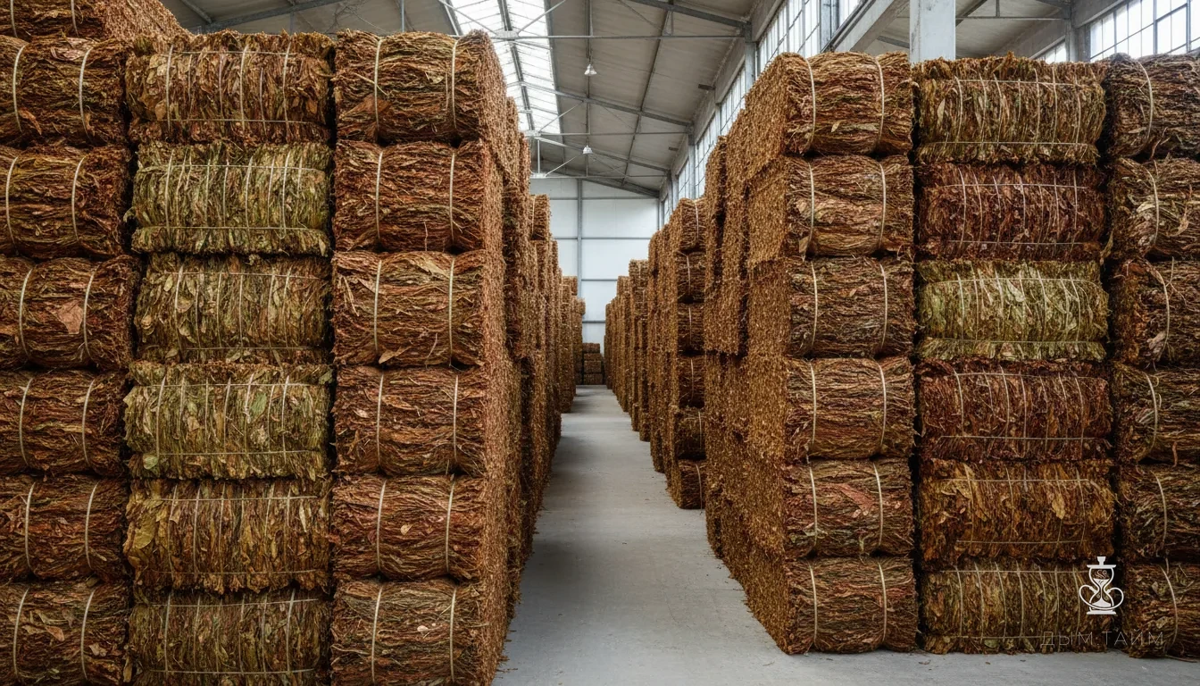Огромный склад с прессованными тюками табачных листьев.