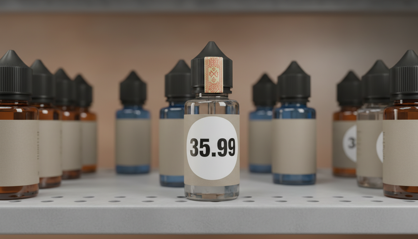 Бутылки с жидкостью для электронных сигарет на полке магазина с новой ценой.