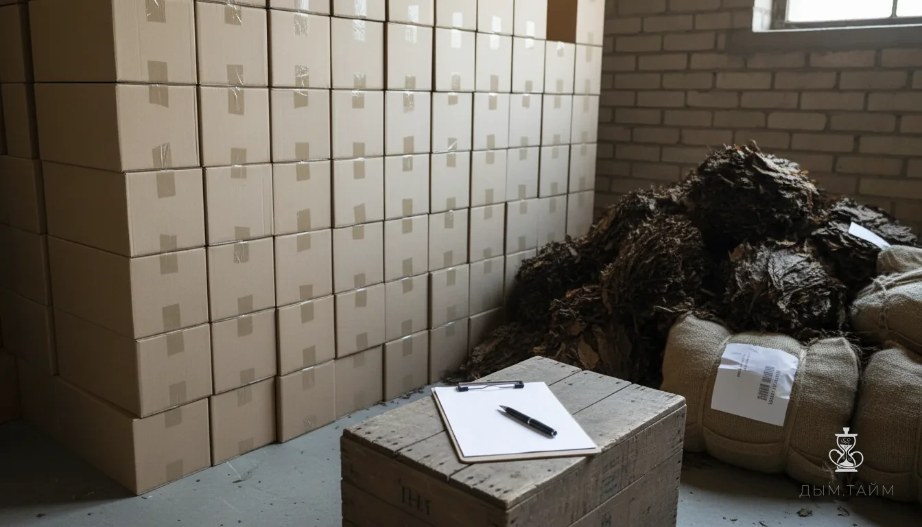 Упаковки табака и немаркированные листья на складе, символизирующие расхождения в учёте.