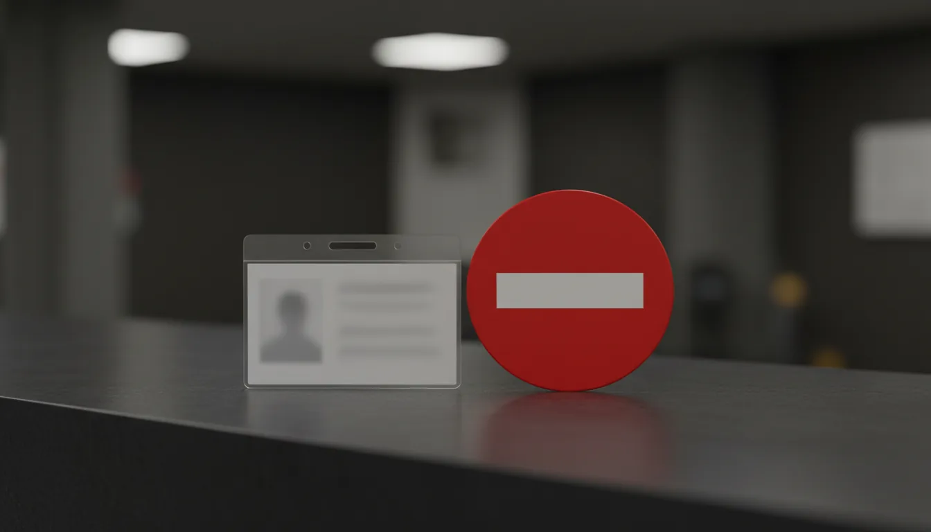 Удостоверение личности на темной стойке рядом с красным знаком 'вход запрещен', символизирующим возрастные ограничения.