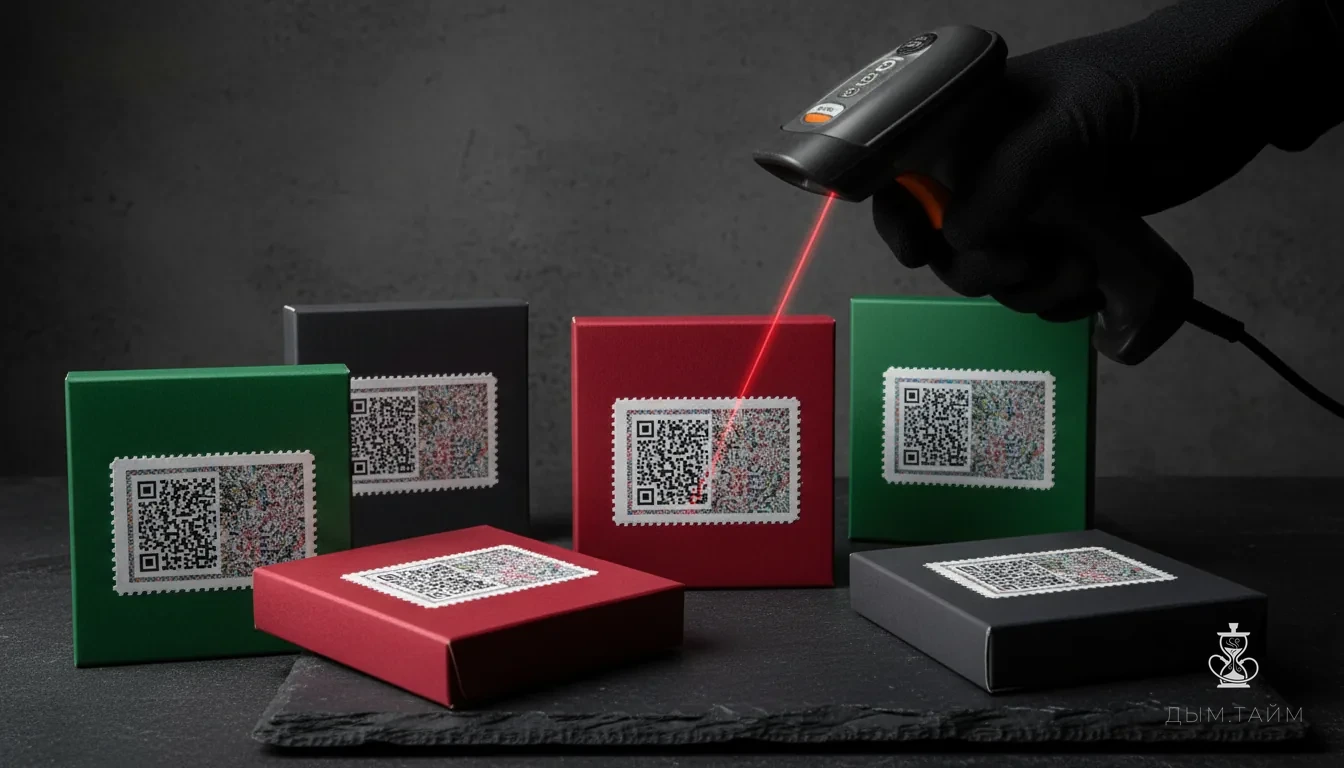 Акцизные марки и коды Data Matrix на упаковках табачных изделий, сканер штрихкода.