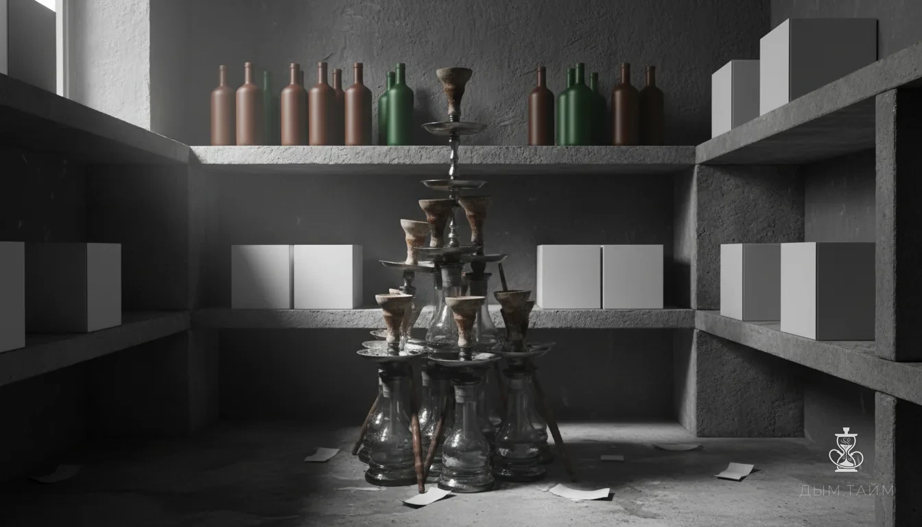 Stack of used hookah bowls and bases in a dimly lit back room.