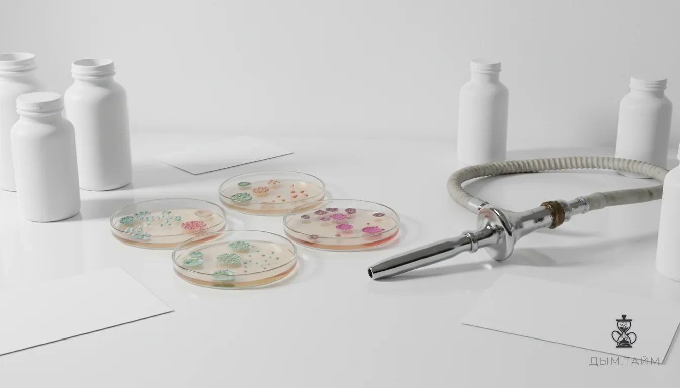 Петри-чашки с бактериальными культурами рядом с мундштуком кальяна на лабораторном столе