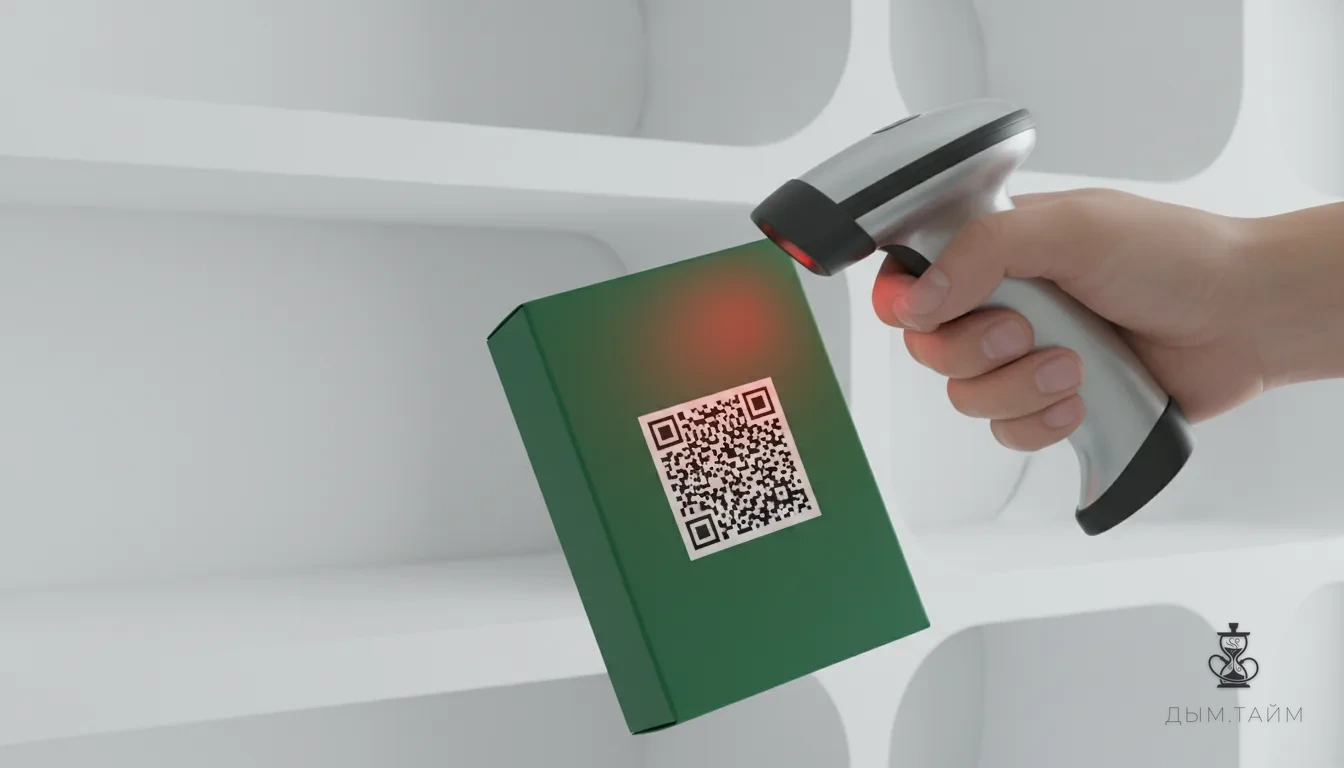 Рука сканирует упаковку бестабачной смеси с Data Matrix кодом.