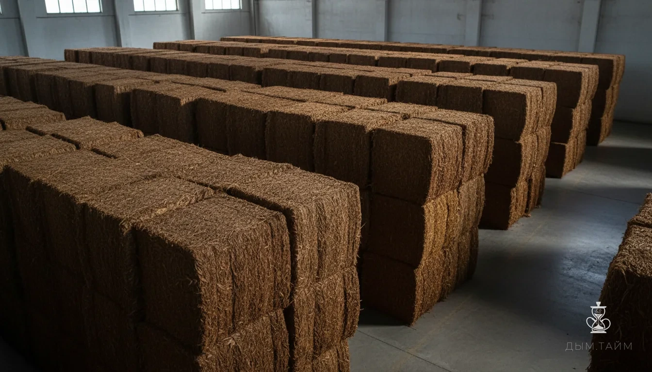 Большой склад с кипами табака, готового к экспорту.