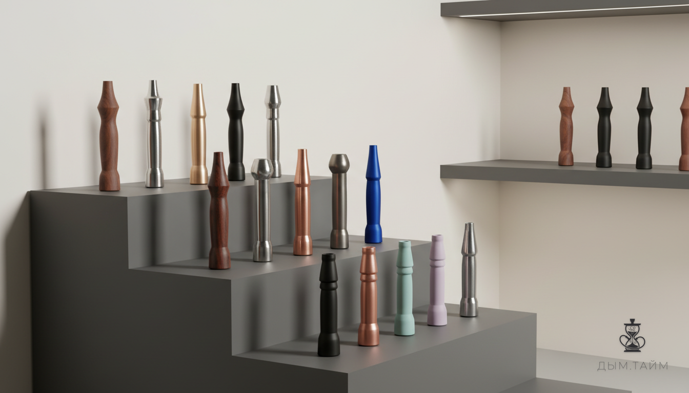 Витрина с разнообразными персональными мундштуками для кальяна.
