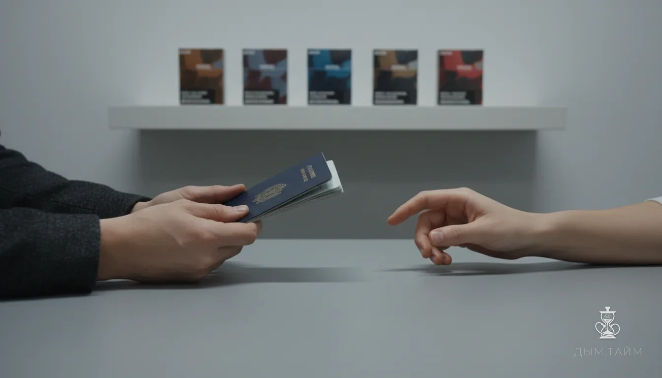 Руки, проверяющие паспорт при продаже табачных изделий.