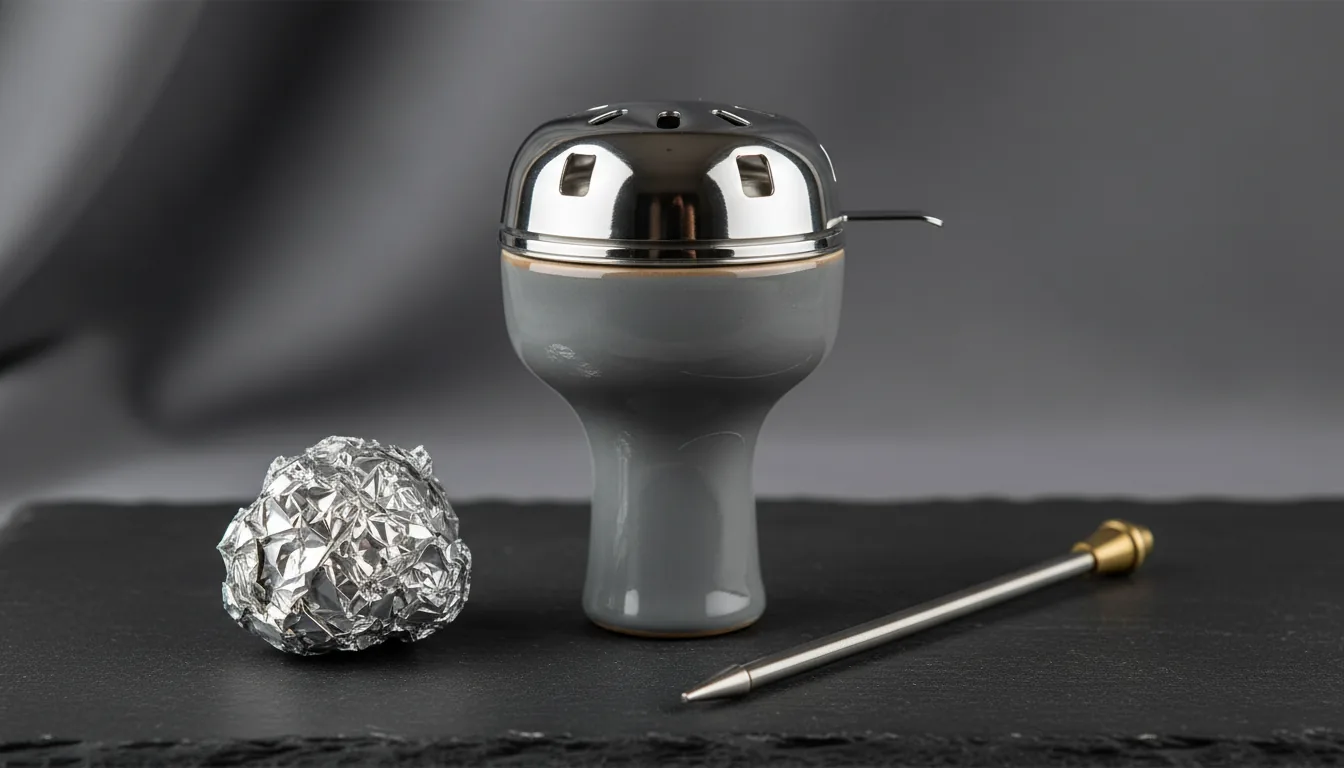Кальянная чаша с Kaloud Lotus рядом с мятой фольгой и шилом
