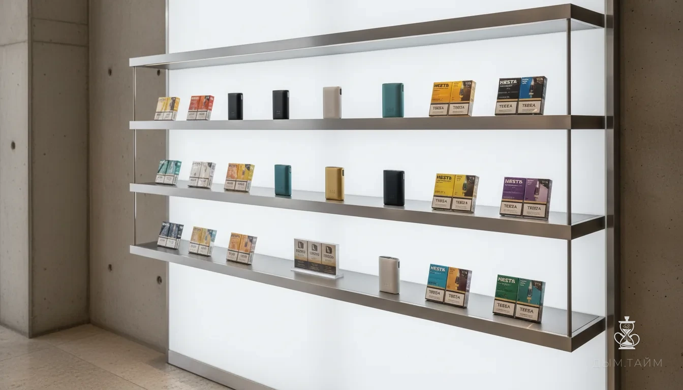 Витрина с устройствами IQOS и стиками HEETS в премиальном магазине