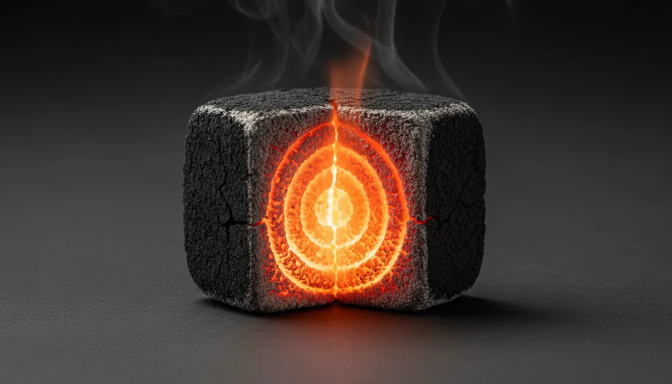 Разрез кальянного угля с ярко-горящим ядром.
