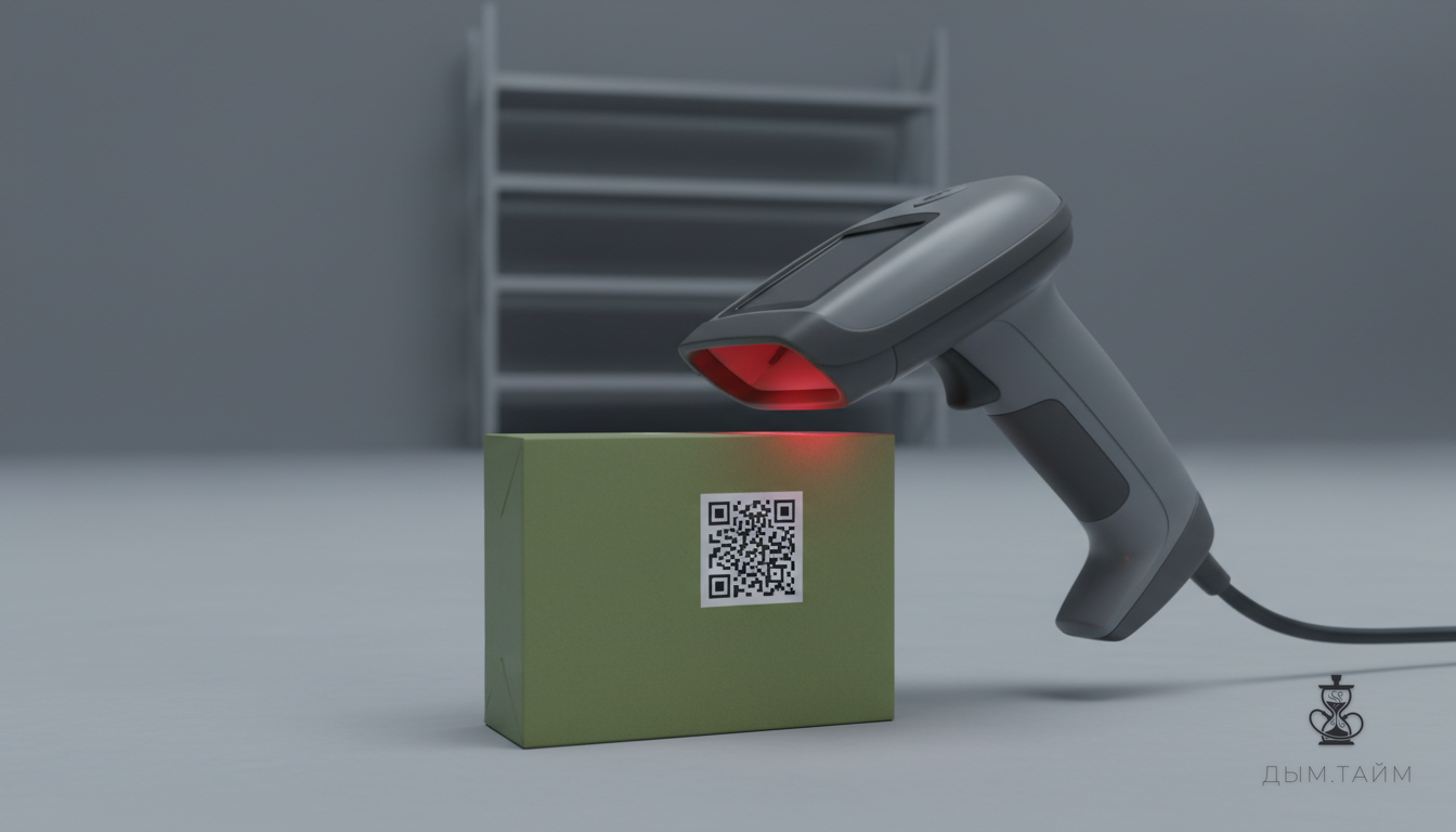Сканер над упаковкой табака с кодом Data Matrix.