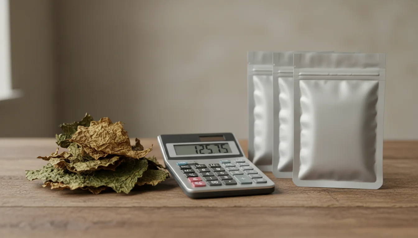 Сырьевой табак, калькулятор и упаковки готового продукта.