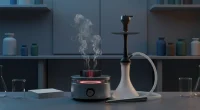 Индукционная плитка для розжига углей, рядом лежат готовые угли для кальяна