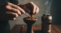 Крупный план рук, забивающих чашу кальяна, с фокусом на текстуре табака и процессе укладки. Мягкое освещение.