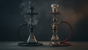 Сравнение кальяна с калаудом и кальяна с фольгой на тёмном фоне