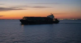 Грузовой корабль в море на закате, символизирующий морской путь поставок в Калининградскую область