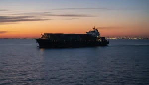 Грузовой корабль в море на закате, символизирующий морской путь поставок в Калининградскую область