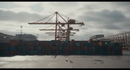 Индустриальный пейзаж Калининградского порта с контейнерами и кранами.