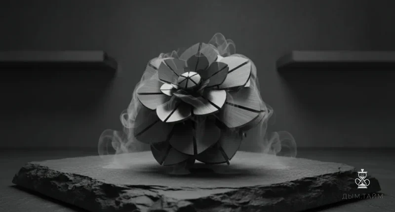 Устройство для управления жаром Kaloud Lotus I+3 на тёмном фоне с лёгким дымом, демонстрирующее инженерные детали.
