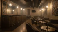 Интерьер пустой кальянной после закрытия, с барной стойкой и столиками, подчеркивающий спокойствие и атмосферу.