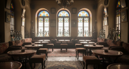 Интерьер традиционного кафе в Турции или Египте с элементами кальянной культуры, без людей и дыма.