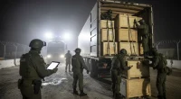 Сотрудники таможни осматривают грузовик на КПП Дериния, Кипр, в поисках контрабандного табака.