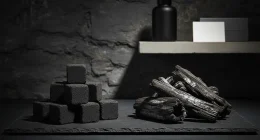 Два вида угля для кальяна на тёмном фоне: кубики кокосового угля и куски древесного угля