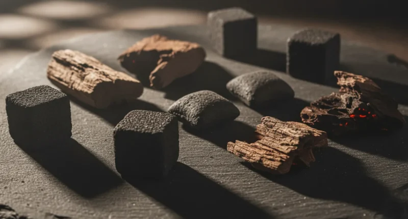 Различные типы угля для кальяна: кубики кокосового и куски древесного на темном фоне